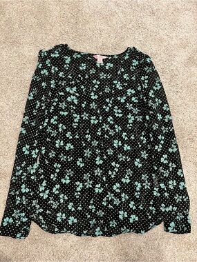 Candie’s Black and Mint Floral Long-Sleeve Sheer Women's Top - XS
